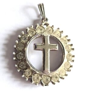 Cross pendant circle clear rhinestones silver tone religious christian